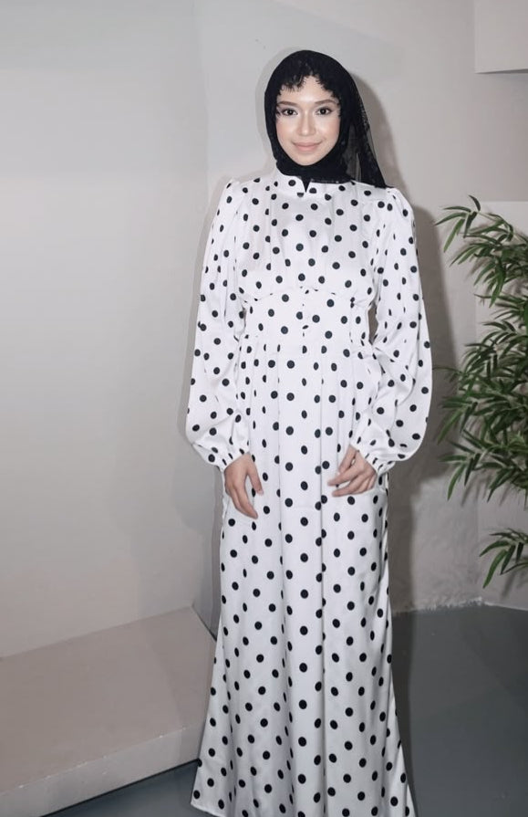 POLKADOT SATIN DRESS WHITE