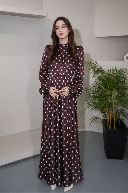 POLKADOT SATIN DRESS DARK BROWN